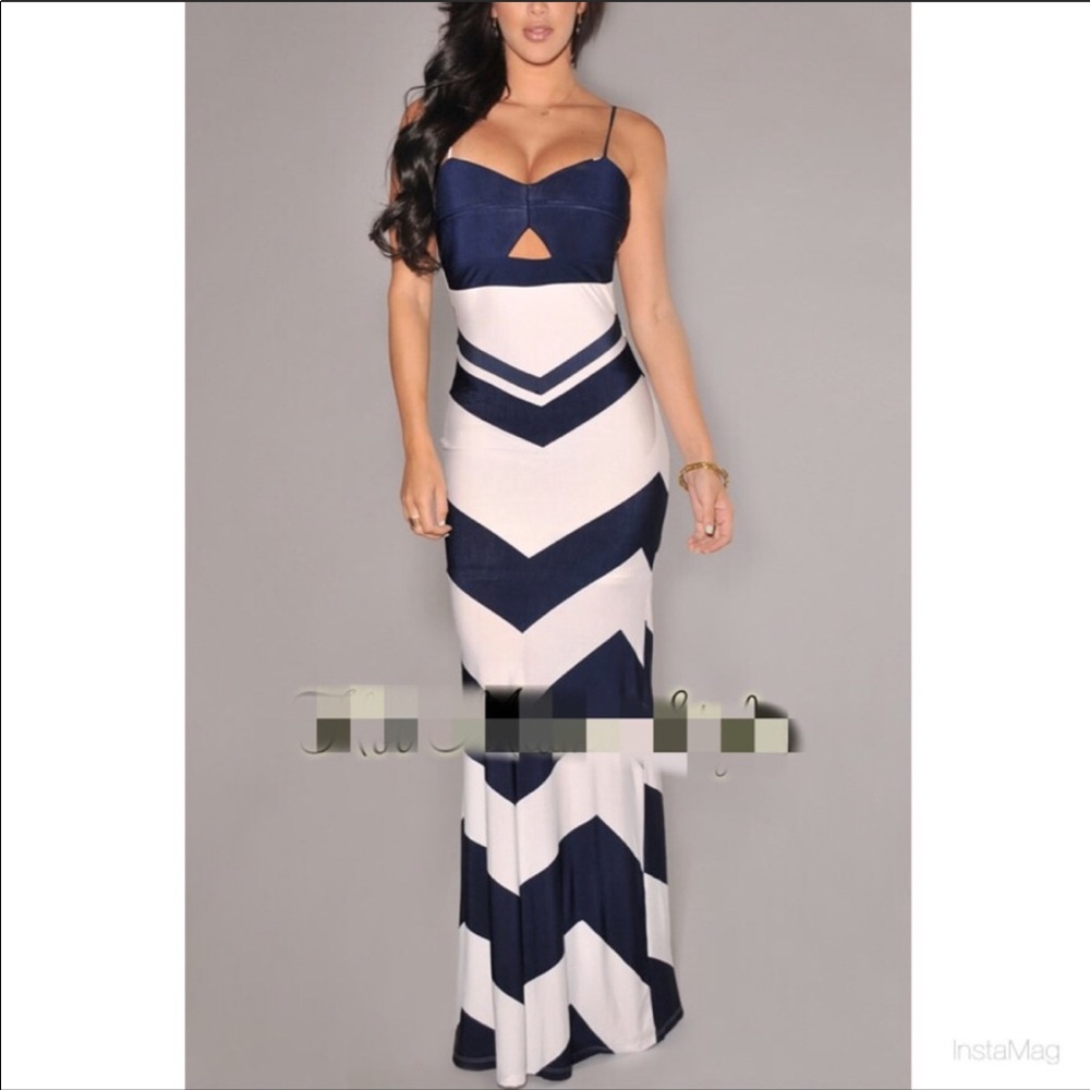 Navy White Peep Hole Maxi Dress